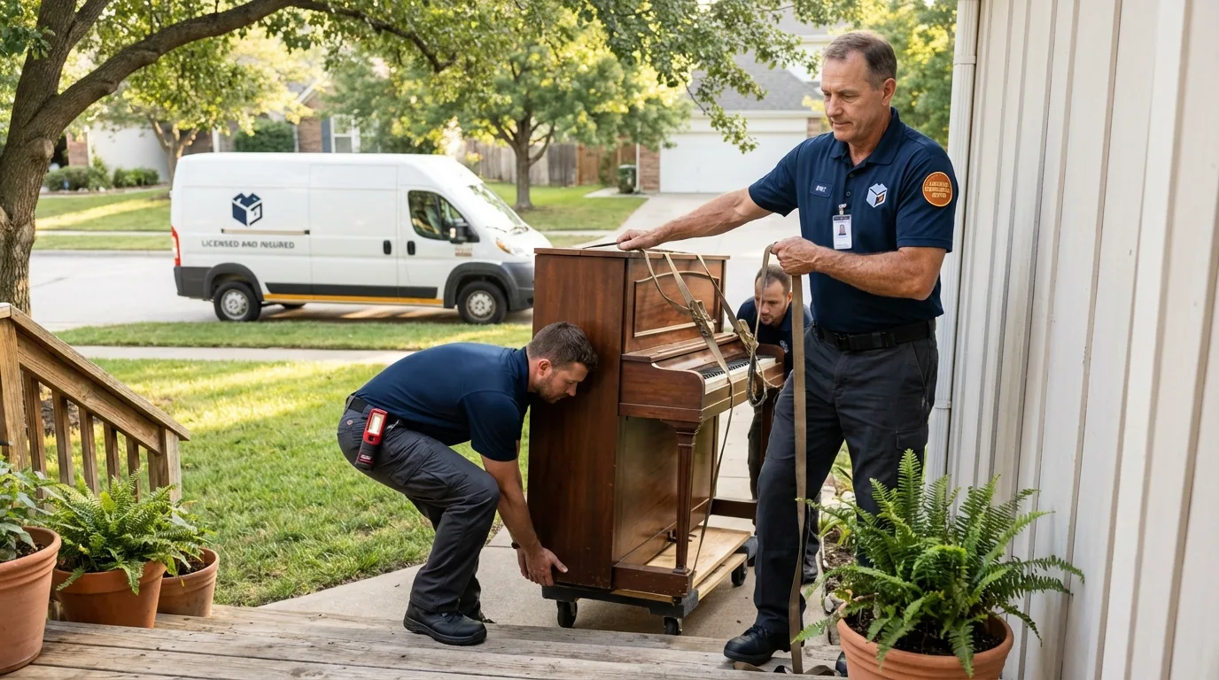 Licensed piano movers securing grand piano in Rockport, IN