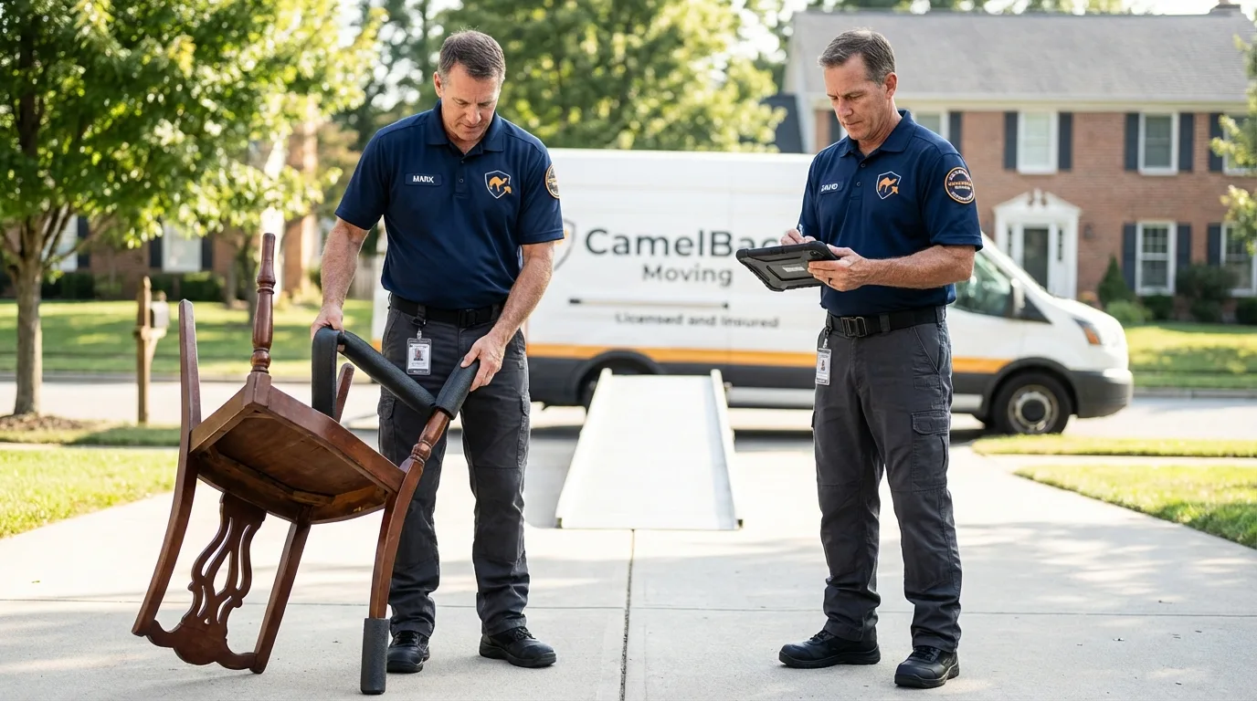 Movers inspecting furniture for damage prevention before loading in Rockport, IN