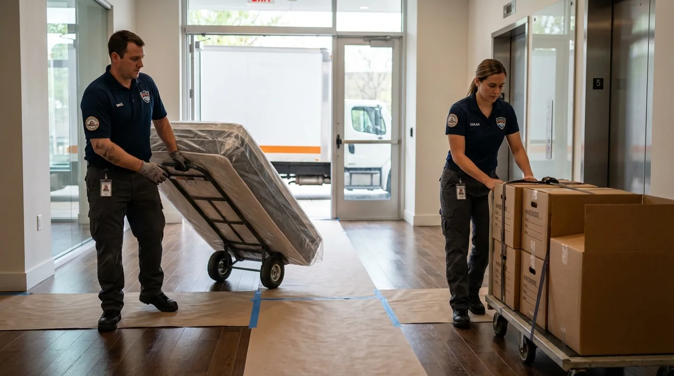 Professional apartment movers loading elevator in Rockport, IN