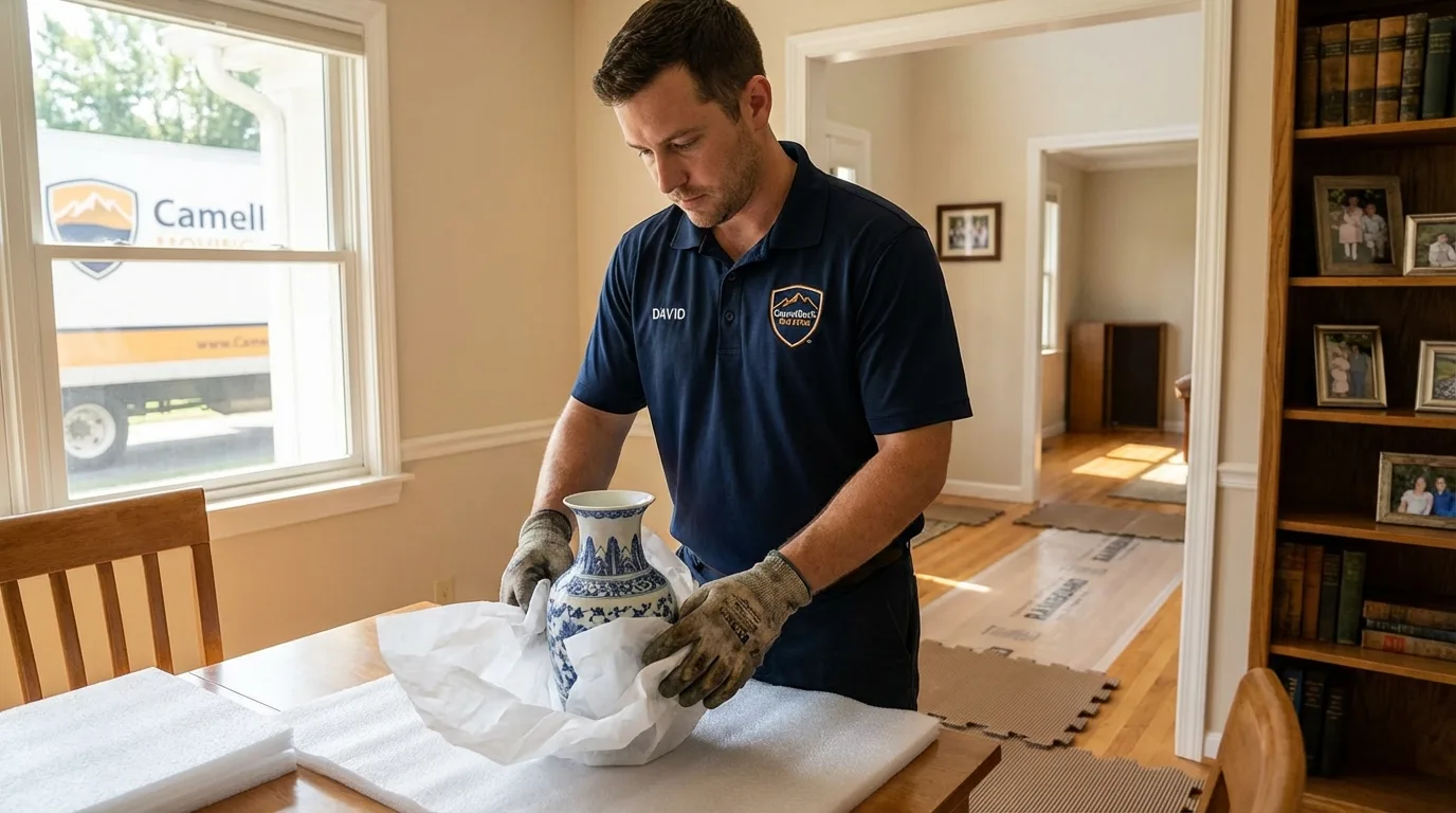 Professional crew carefully wrapping antique vase for senior downsizing move in Rockport, IN